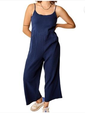 Carve Designs Navy Wide-Leg Double Gauze Jumpsuit Organic Cotton Size XL